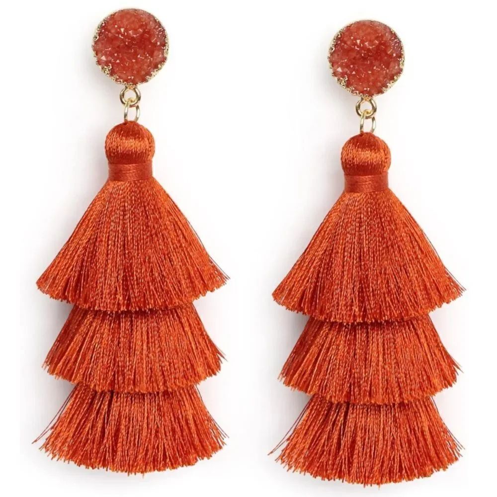 14K Yellow Gold with Burnt Orange Silk Thread Tassel and Quartz Druzy Earrings
